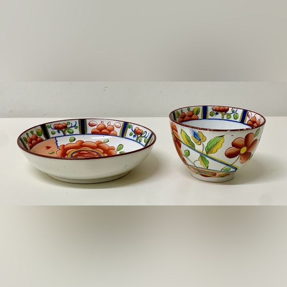 19th Century Antique Gaudy Dutch Oyster Pattern Handleless Teacup & Saucer Set - Picture 7 of 12